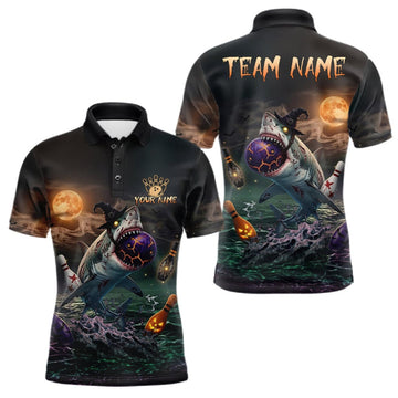 Maxcorners Funny Shark Halloween Bowling Polo Quarter-Zip Shirts For Men Custom Halloween Bowling Team Jersey LM0409