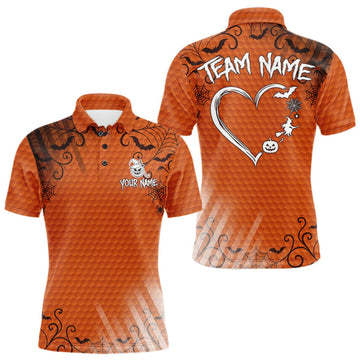 Maxcorners Heart Halloween Men Golf Polo Shirt Custom Orange Spiderweb Name Golf Shirt, Halloween Golf Gifts LM0409