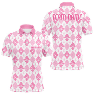 Maxcorners Mens Golf Polo Shirt Custom White And Pink Argyle Plaid Pattern Golf Team Attire Golf Gifts LM0409