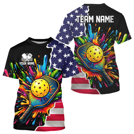 Maxcorners Custom American Flag Patriotic Pickleball T-Shirt For Men Colorful Splatter Pickleball Jerseys | Black LM0106
