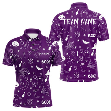 Maxcorners Halloween Bowling Jersey Custom Name Purple Bowling Shirt For Men Spooky Ghost Bat Bowling Team Gifts LM0409
