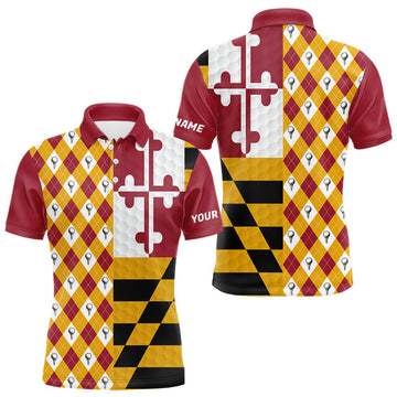 Maxcorners Mens Golf Polo Shirts Maryland Flag Patriotic Custom Golf Ball Argyle Pattern Mens Golf Polos LM0106