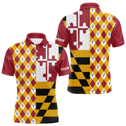 Maxcorners Mens Golf Polo Shirts Maryland Flag Patriotic Custom Golf Ball Argyle Pattern Mens Golf Polos LM0106