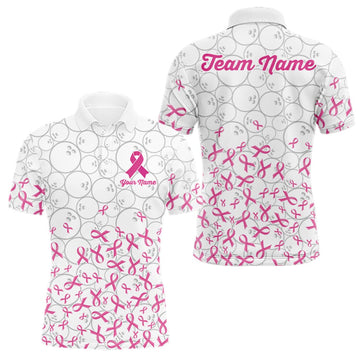 Maxcorners Custom Pink Ribbon Pattern White Camo Bowling Shirts For Men, Breast Cancer Team Bowling Shirts LM0409