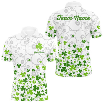 Maxcorners Custom Green Shamrock Pattern White 8 Ball Billiard Shirts For Men St Patrick's Day Team Billiard Shirt LM0409