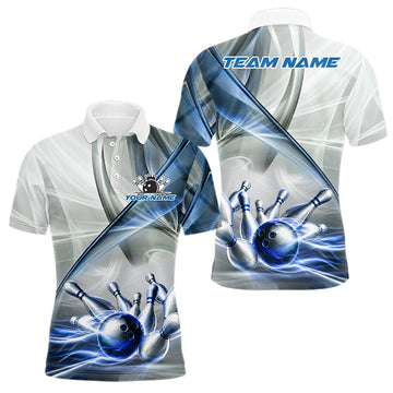 Maxcorners White & Blue Smoke Bowling Ball & Pins Shirt For Men Custom Polo 1/4-Zip Team Shirt Bowling Jersey