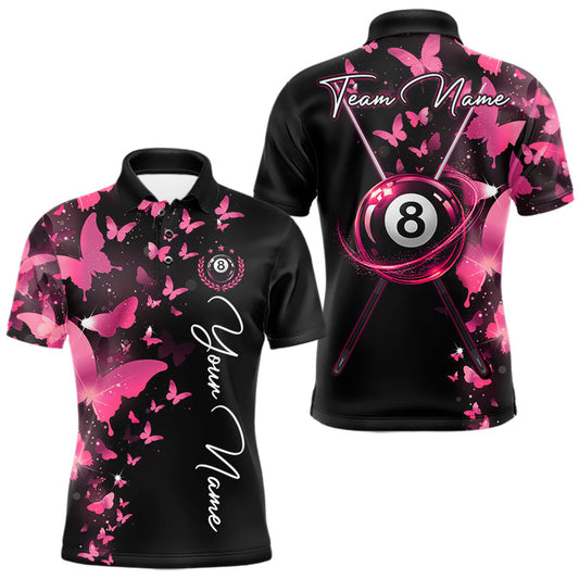 Maxcorners Funny Butterfly 8 Ball Pool Polo 1/4-Zip Shirts For Men Custom Pink Lightning Billiard Team Jerseys