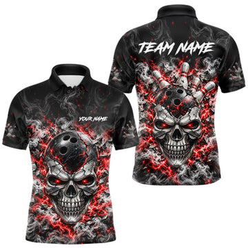 Maxcorners Personalized Red Thunder Skull Bowling Polo 1/4-Zip For Men Custom Flaming Bowling Team Apparel LM0510
