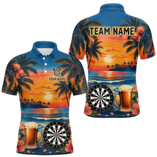 Maxcorners Dartboard And Beer Funny Mens Darts Polo Quarter-Zip Shirt Custom Sunset Tropical Darts Team Jersey LM0607