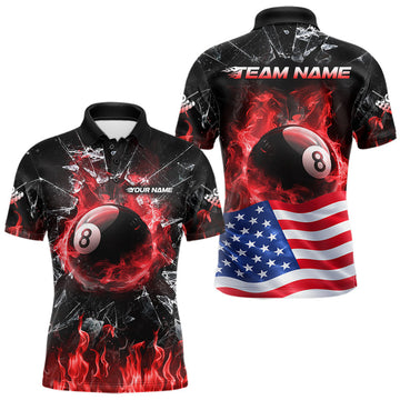 Maxcorners American Flag 8 Ball Pool Polo 1/4-Zip Shirt For Men Personalized Red Flames Billiard Team Apparel