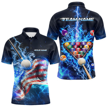 Maxcorners Electric Blue Lightning Billiard Polo 1/4-Zip Shirt For Men Custom US Flag Pool Billiard Uniform