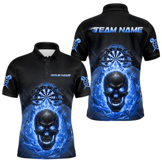 Maxcorners Custom Blue Flames Skull Broken Glass Men Darts Polo Shirt Outfits Dart Jerseys LM2603