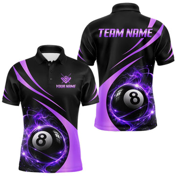 Maxcorners Personalized 8 Ball Fire Flame Billiard Team Jerseys Purple Billiard Pool Shirts For Men LM0409