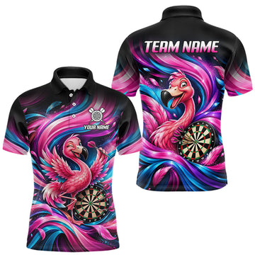 Maxcorners Personalized Men Flamingo Darts Polo 1/4-Zip Shirt Neon Pink & Blue Funny Darts Team Uniform