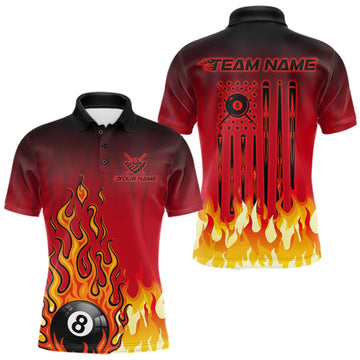 Maxcorners American Flag Patriotic Billiard Shirt For Men Custom Fire Flame 8 Ball Pool Team Jerseys | Red LM0409