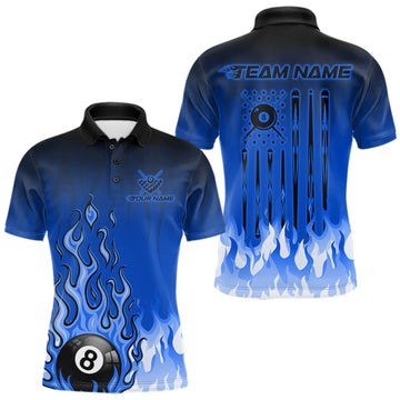 Maxcorners American Flag Patriotic Billiard Shirt For Men Custom Fire Flame 8 Ball Pool Team Jerseys | Blue LM0409