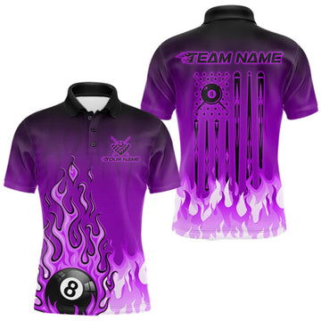 Maxcorners American Flag Patriotic Billiard Shirt For Men Custom Fire Flame 8 Ball Pool Team Jerseys | Purple LM0409