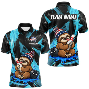 Maxcorners Custom Funny Sloth Mens Bowling Shirt Personalized Name & Team Bowling Polo 1/4-Zip Blue Splash Apparel
