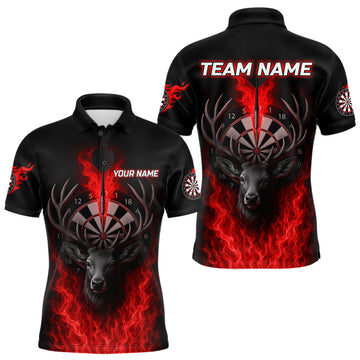 Maxcorners Custom Red Flames Dartboard Deer Funny Dart Men Polo Shirt Dart Team Jerseys LM0404