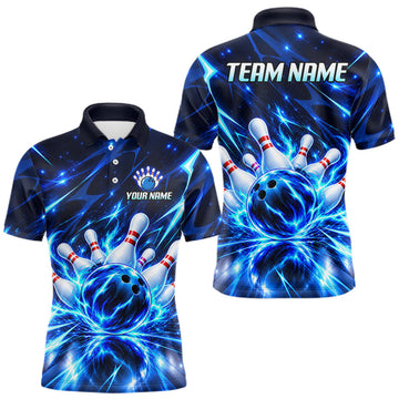 Maxcorners Custom Thunder Blue Strikes Bowling Polo 1/4-Zip Shirt For Men Bowling Team Uniform Gift For Bowler