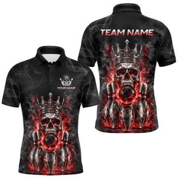 Maxcorners Custom Smoke Silver Crown Skull Bowling Jersey For Men Red Grunge Bowling Polo 1/4-Zip Shirt