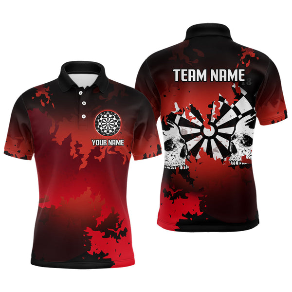Maxcorners Men's Custom Darts Shirt With Grunge Red Camo Broken Dartboard & Skull Art