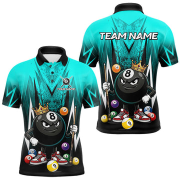 Maxcorners Black & Turquoise Funny Crown 8 Ball Billiard Shirt For Men Custom 8 Ball Pool Polo & 1/4 Zip Jersey LM1307