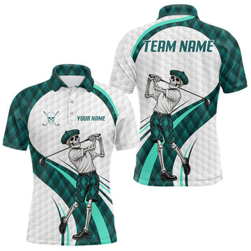 Maxcorners Custom Skeleton Golfer Golf Polo Shirts For Men Teal Argyle Pattern Golf Team Clothing LM1705