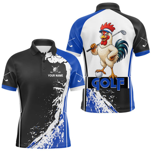 Maxcorners Funny Rooster Golfer Mens Golf Polo Shirts Custom Blue Splatter Golf Team Outfits Golf Gift