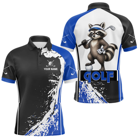 Maxcorners Funny Raccoon Golfer Mens Golf Polo Shirts Custom Blue Splatter Golf Team Outfits Golf Gift