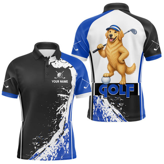 Maxcorners Funny Golden Retriever Golfer Mens Golf Polo Shirts Custom Blue Splatter Golf Team Outfits Golf Gift