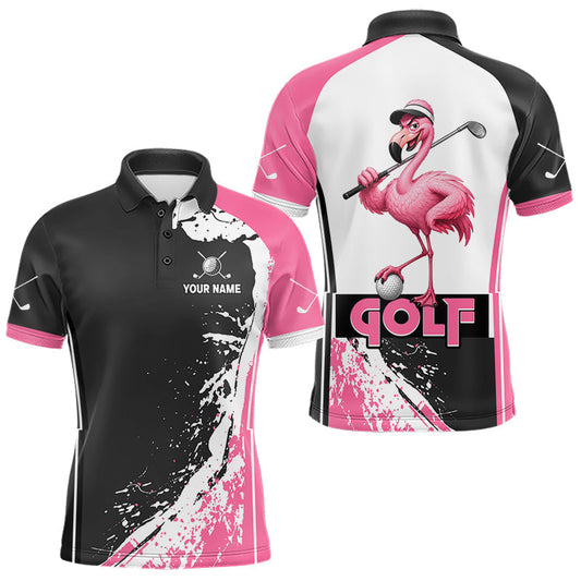 Maxcorners Funny Flamingo Golfer Mens Golf Polo Shirts Custom Pink Splatter Golf Team Outfits Golf Gift