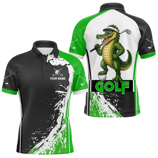 Maxcorners Funny Alligator Golfer Mens Golf Polo Shirts Custom Green Splatter Golf Team Outfits Golf Gift
