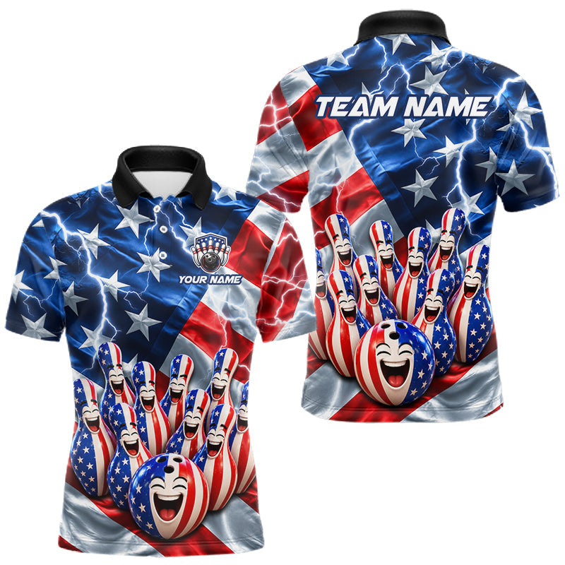 Maxcorners Custom American Flag Bowling Shirt For Men Personalized Funny Smiling Pins Bowling Ball Team Jersey