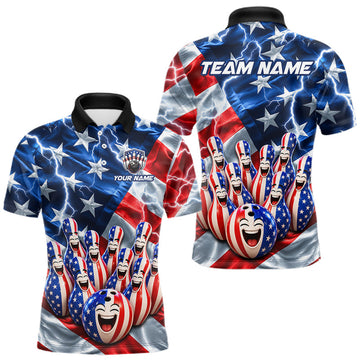 Maxcorners Custom American Flag Bowling Shirt For Men Personalized Funny Smiling Pins Bowling Ball Team Jersey