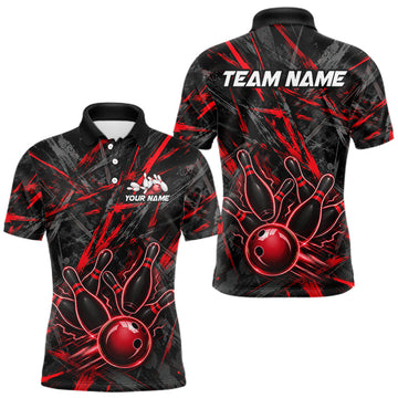 Maxcorners Black And Red Strikes Grunge Bowling Polo & 1/4-Zip Shirt For Men Custom Thunder Bowling Team Jersey LM1705