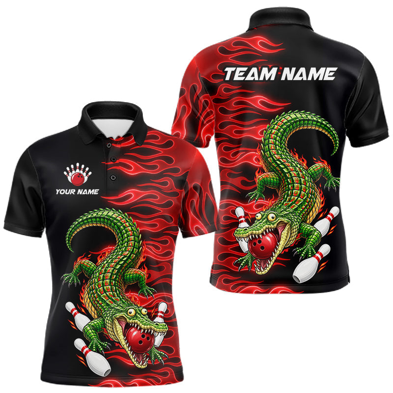 Maxcorners Custom Funny Alligator Fire Flame Bowling Shirt For Men Personalized Red Flame Bowling Team Jersey