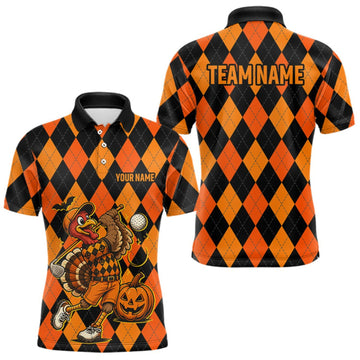 Maxcorners Funny Mens Golf Polo Shirts Custom Orange And Black Argyle Plaid Turkey Skull Golf Attire For Men LM1910
