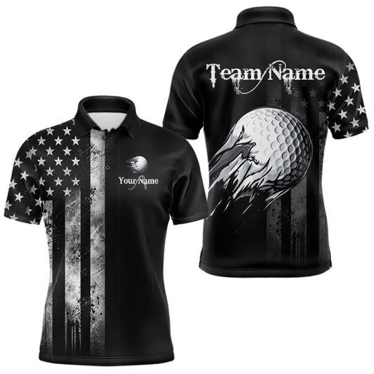 Maxcorners Black Vintage US Flag Golf Jersey For Men Custom Name Golf Polo Shirt Patriotic Golf Apparel LM1910