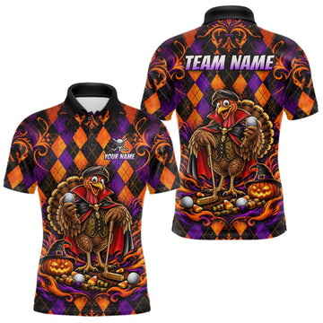 Maxcorners Custom Orange Purple Argyle Turkey Golf Polo Shirt For Men Funny Thanksgiving Golf Team Jersey LM1910