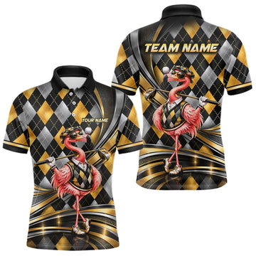 Maxcorners Cool Flamingo Golfer Jersey Custom Black Gold Argyle Golf Polo Shirt Funny Golf Apparel For Men LM1910