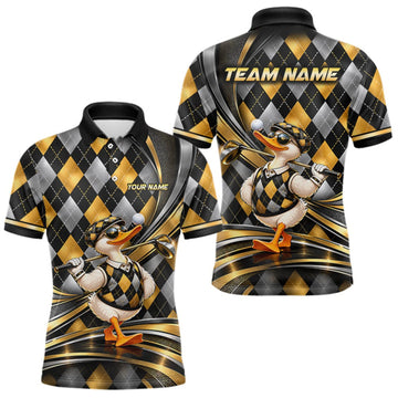 Maxcorners Cool Duck Golfer Jersey Custom Black Gold Argyle Golf Polo Shirt Funny Golf Apparel For Men LM1910
