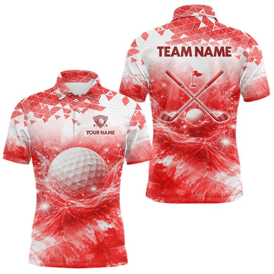 Maxcorners Red Mens Golf Polo Shirt Custom Water Splash Pattern With Golf Ball, Team Golf Tops LM2306