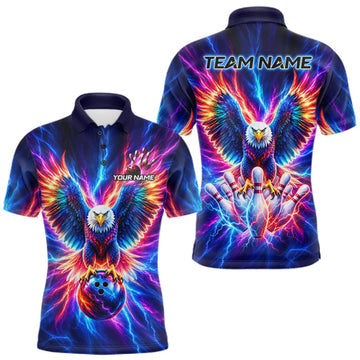 Maxcorners Personalized Neon Lightning Eagle Bowling Polo 1/4-Zip Shirt Men Colorful Team Jersey Bowling Shirt LM2709