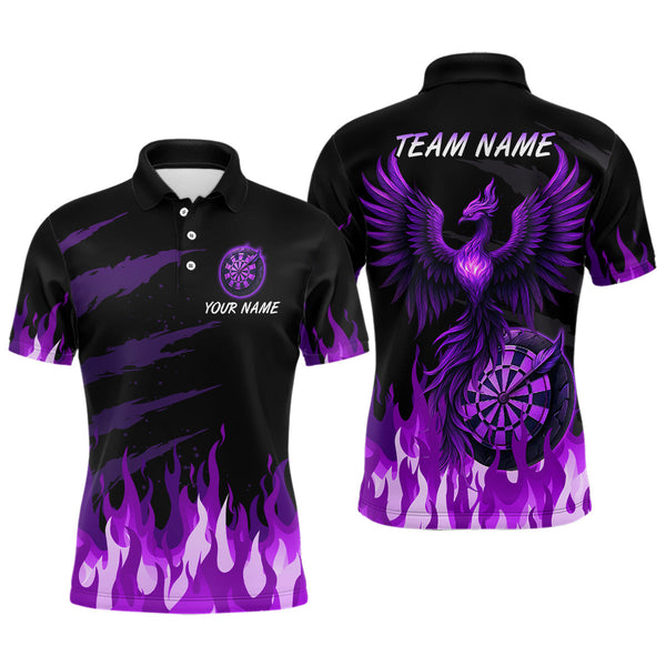 Maxcorners Men's Custom Darts Team Shirt With Purple Phoenix Dartboard And Flame Pattern