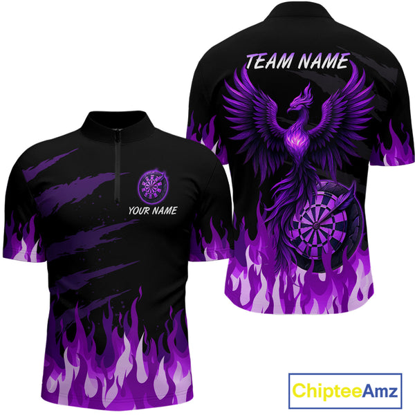 Maxcorners Men's Custom Darts Team Shirt With Purple Phoenix Dartboard And Flame Pattern