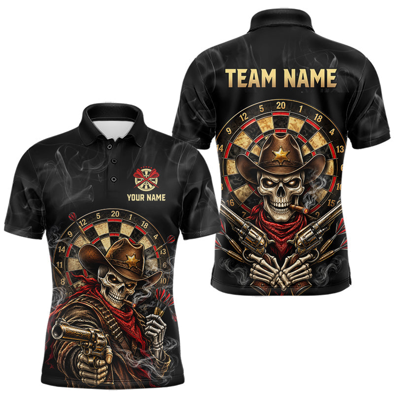 Maxcorners Funny Cowboy Skeleton Darts Polo 1/4-Zip Shirt For Men Custom Smoke Darts Uniform Darts Team Jersey