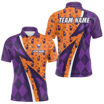 Maxcorners Mens Cat Halloween Golf Polo Shirts Custom Name Purple Argyle Pattern Golf Team Attire