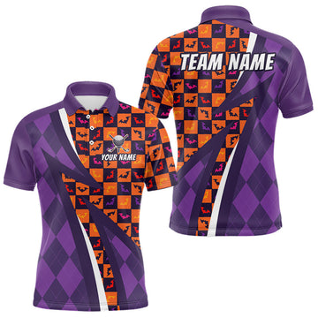 Maxcorners Mens Halloween Golf Polo Shirts Custom Name Orange & Purple Argyle Pattern Golf Team Attire