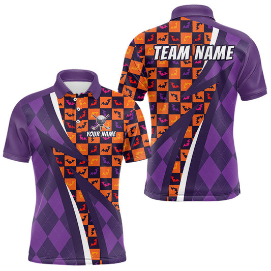 Maxcorners Mens Halloween Golf Polo Shirts Custom Name Orange & Purple Argyle Pattern Golf Team Attire